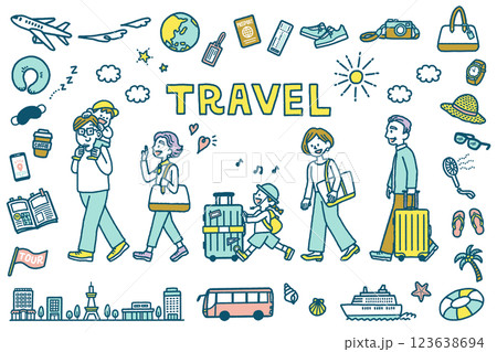 三世代　家族　旅行　イラスト　旅行アイコン　セット　シンプル 123638694