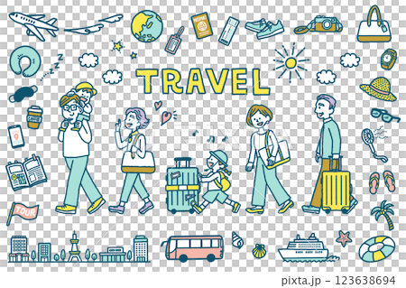 Three generations family travel illustration travel icon set simple Three generations family travel illustration travel icon set simple 123638694