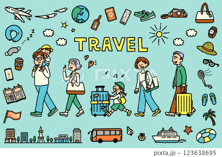 三世代　家族　旅行　イラスト　旅行アイコン　セット　カラフル 123638695