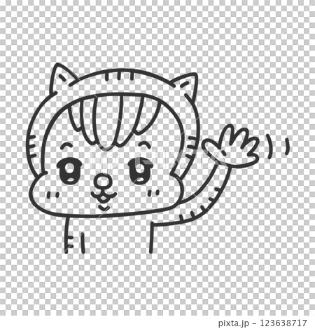 手を振るネコの着ぐるみを着た人物 線画 手を振るネコの着ぐるみを着た人物 線画 123638717