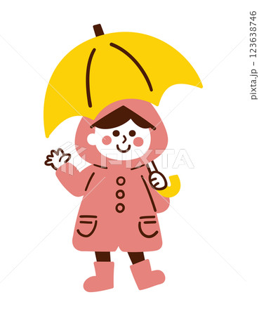 レインコートを着て傘をさす女の子／梅雨／ベクター手書き線画イラスト 123638746