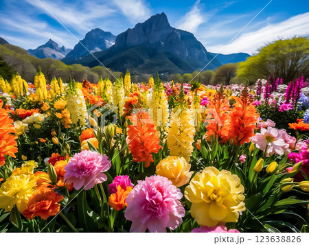 View of coloful field of blooming flowers with the big mountain in the background. 123638826