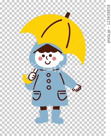 A boy wearing a raincoat and holding an umbrella / rainy season / vector hand-drawn line drawing illustration 123638858