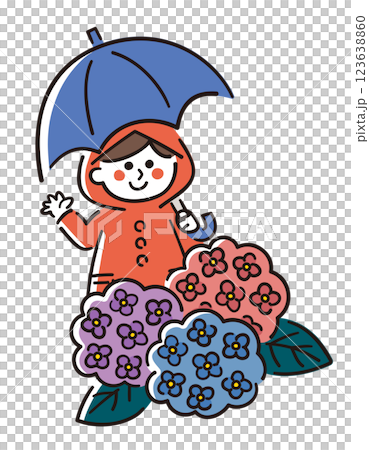 A girl wearing a raincoat and holding an umbrella with hydrangeas / rainy season / vector hand-drawn line drawing illustration 123638860