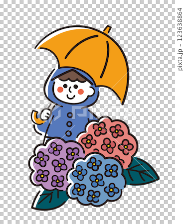 一個穿著雨衣、拿著雨傘和繡球花的男孩/雨季/向量手繪線描插圖 一個穿著雨衣、拿著雨傘和繡球花的男孩/雨季/向量手繪線描插圖 123638864