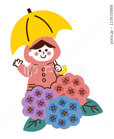 レインコートを着て傘をさす女の子と紫陽花／梅雨／ベクター手書きイラスト 123638966