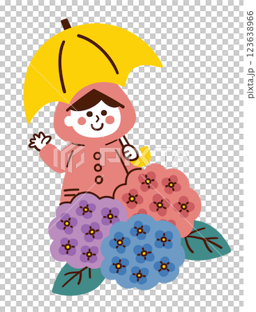 レインコートを着て傘をさす女の子と紫陽花／梅雨／ベクター手書きイラスト 123638966