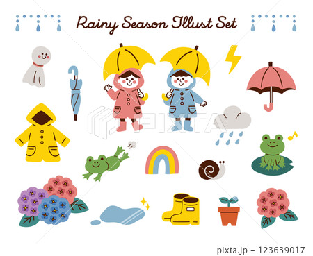 梅雨シーズンのベクター手書きイラストセット 123639017