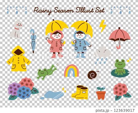 梅雨シーズンのベクター手書きイラストセット 123639017