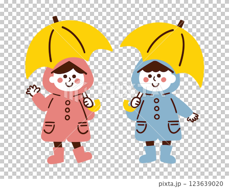 Children wearing raincoats and holding umbrellas / rainy season / vector hand-drawn illustration Children wearing raincoats and holding umbrellas / rainy season / vector hand-drawn illustration 123639020