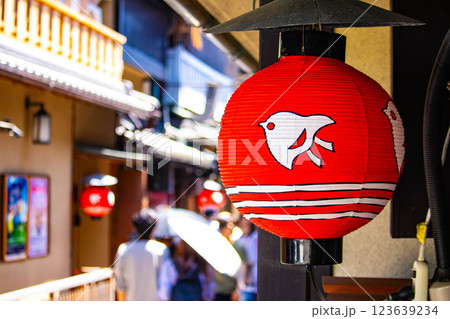 【京都風景】鴨川納涼床と先斗町の千鳥提灯 123639234