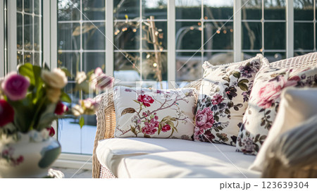 Colorful pillows on sofa against glass wall of window in a winter garden or conservatory. Interior textile concept. High quality photo 123639304