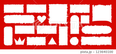 Jagged Rectangle collection. Tattered frame or text box with jagged edges. White Square, heart, crown shaped with torn paper effect. Vector illustration in grunge style 123640100