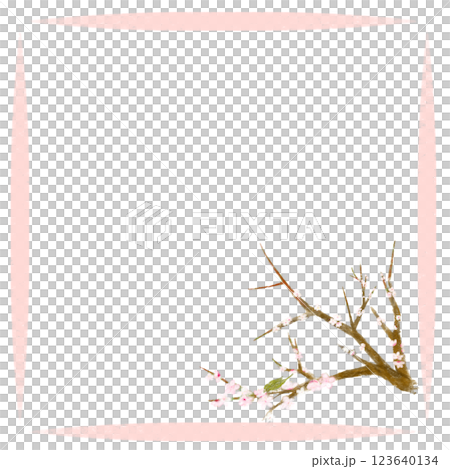 リアルな梅の花と鶯のフレーム手書きイラスト リアルな梅の花と鶯のフレーム手書きイラスト 123640134