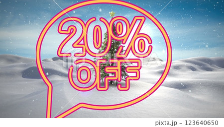 Image of 20 percet off text over christmas tree and winter landscape 123640650
