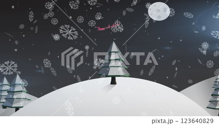 Image of snowflakes falling over trees on winter landscape on grey background with copy space 123640829