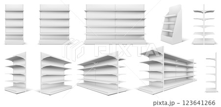 3D Realistic Supermarket Shelf Mockup with Multiple Shelves 123641266