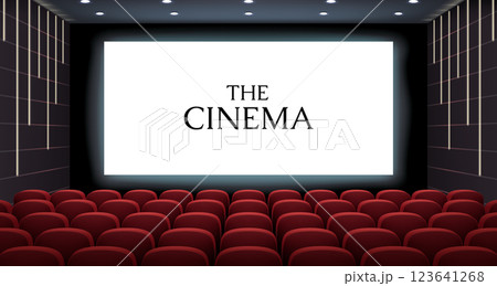 Modern cinema with futuristic wall lighting and widescreen display 123641268