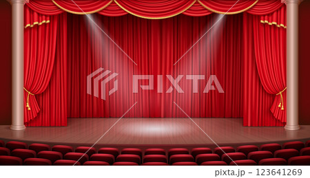 Grand theater stage with golden curtain details and spotlights 123641269