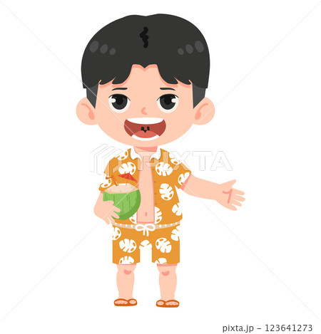 child holding a coconut at the beach 123641273