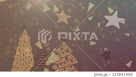Image of snow falling over christmas trees and stars in winter scenery 123641484