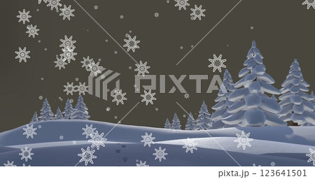 Image of snowflakes falling over winter landscape against copy space on grey background 123641501