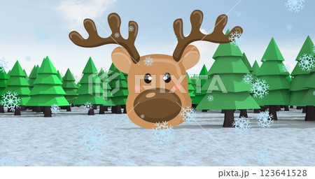 Image of snowflakes falling over reindeer face icon and trees on winter landscape 123641528