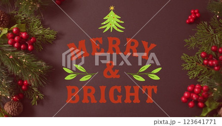 Image of merry and bright text banner over red cherries on grey surface Image of merry and bright text banner over red cherries on grey surface 123641771