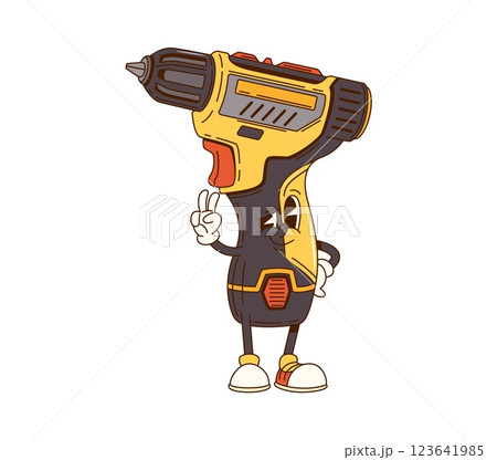 Cartoon groovy electric screwdriver character for repair or DIY construction, vector work tool. Groovy electric screwdriver with funny face and cool gesture for DIY and construction tool character 123641985