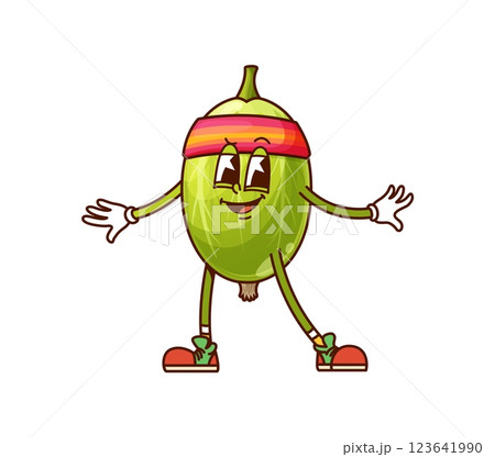Cartoon groovy gooseberry berry character on fitness sport, vector funny emoji. Groovy gooseberry fruit or berry with funky face and happy smile in fitness headband in retro cartoon comic emoticon 123641990