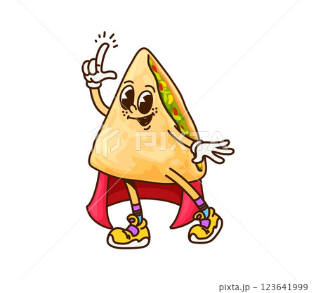 Cartoon groovy Halloween Mexican quesadilla character wizard, vector Tex Mex food. Groovy quesadilla with happy face and funky smile in sorcerer or wizard mage mantle for Halloween cartoon character 123641999