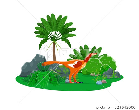 Prehistoric zephyrosaurus dinosaur cartoon character at lush jurassic era landscape. Isolated vector feathered orange dino resembling a huge bird with long legs and neck, stands under large palm tree 123642000