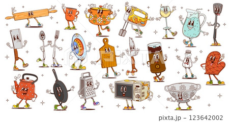 Cartoon groovy kitchen utensils and cookware characters. Vector funky retro spoon, fork, knives and cup, cooking pot, kettle, spatula and grater. Cute groovy kitchen tools, utensils and appliances 123642002
