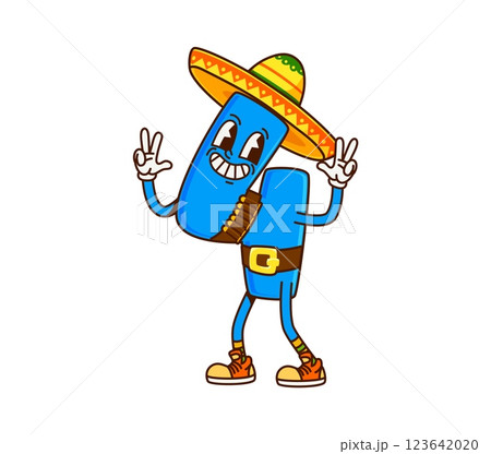 Groovy math number 4 Western cowboy bandit, vector funny cartoon character. Groovy number Four 4 as Western ranger in Mexican sombrero hat and gun bullets bandoleer as cowboy or bandit of Wild West 123642020