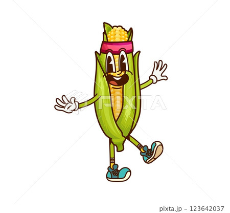 Groovy corn cob cartoon character on fitness sport, vector comic vegetable. Funky groovy sweetcorn cob with happy smile on funny face on sport training with fitness headband for healthy food emoji Groovy corn cob cartoon character on fitness sport, vector comic vegetable. Funky groovy sweetcorn cob with happy smile on funny face on sport training with fitness headband for healthy food emoji 123642037
