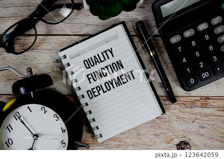 Quality Function Deployment (QFD) text on notepad, Business and Financial concept background 123642059