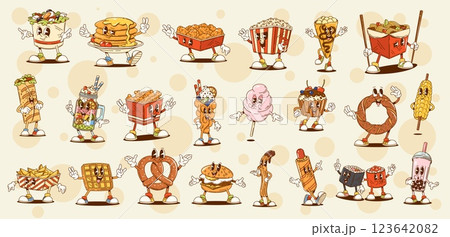 Cartoon groovy fast food characters of retro cute burgers, pastry desserts and junk drinks. Groovy hippie fast food vector personages with funny hot dog, fried chicken, sushi, popcorn and burrito Cartoon groovy fast food characters of retro cute burgers, pastry desserts and junk drinks. Groovy hippie fast food vector personages with funny hot dog, fried chicken, sushi, popcorn and burrito 123642082