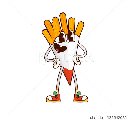 Cartoon fastfood groovy churros funny character. Takeaway cafe sweet snack retro groovy mascot, cute vintage cartoon isolated vector character. Fast food menu churros dessert meal funny personage 123642083