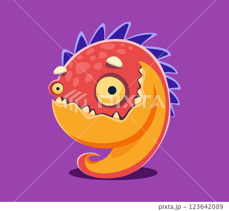 Halloween font digit 9 nine scary monster character. Bizarre horror reptile monster personage typeset figure or number, crazy fantasy creature vector font numeral symbol. Spooky alien typeface digit 123642089