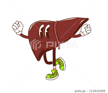 Cartoon groovy human liver cute character. Human healthcare funky vector personage, metabolic and digestion system internal organ cute personage or anatomy liver happy groovy whistling character 123642099