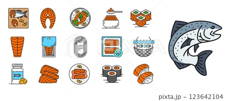 Color salmon fish and meat line icons, vector sea food. Outline salmon steak, fillet and raw sashimi slices. Japanese nigiri sushi, maki and uramaki rolls, oil, roe and canned fish color line icons 123642104