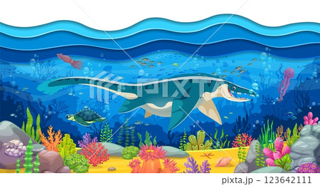 Cartoon prehistoric underwater dinosaur characters banner with reptiles and vector 3d paper cut sea water waves border. Funny mosasaurus and archelon dinosaurs at underwater landscape background Cartoon prehistoric underwater dinosaur characters banner with reptiles and vector 3d paper cut sea water waves border. Funny mosasaurus and archelon dinosaurs at underwater landscape background 123642111