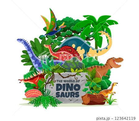 Prehistoric jurassic dinosaurs park vector poster. Cartoon funny tyrannosaurus rex, edaphosaurus, melanorosaurus and kentrosaurus, hypselosaurus and scutellosaurus dino animals, dinosaurs world park 123642119
