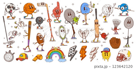 Cartoon groovy sport characters, hippie rainbow, smile emoji and lightnings. Funny sport equipment and player item vector personages of retro hippie balls, bats, glove and rackets, helmet and puck 123642120
