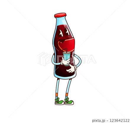 Cartoon soda drink groovy cheerful character. Refreshing soft drink 60s 70s groovy character. Fresh fizzy soda bottle retro funky isolated vector cute personage or cold sweet beverage vintage mascot 123642122