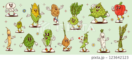 Cartoon groovy vegetable characters showcasing playful expressions and gestures. fun, healthy eating personages. Vector corn, bell pepper, onion, garlic and green peas pod, tomato, lettuce or potato Cartoon groovy vegetable characters showcasing playful expressions and gestures. fun, healthy eating personages. Vector corn, bell pepper, onion, garlic and green peas pod, tomato, lettuce or potato 123642123