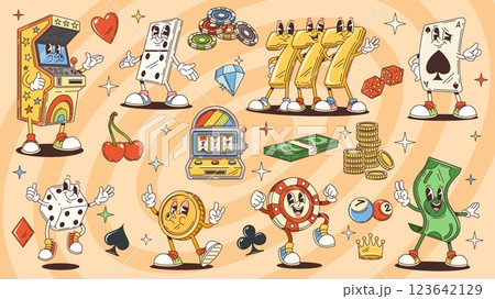 Groovy gambling and casino characters with cartoon playing cards, roulette, chips and dice. Cute groovy gambling game and casino vector personages of slot and arcade machine, money bills, gold coins 123642129