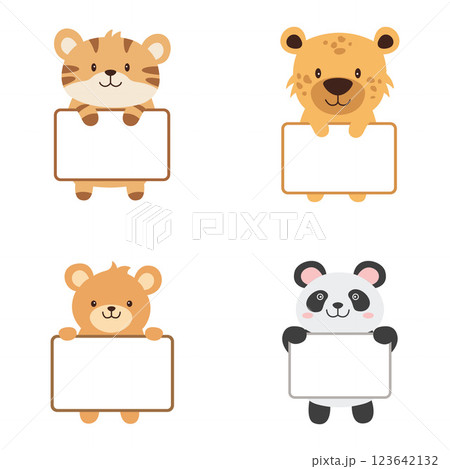 Set of Happy Cute Tiger Leopard Bear Panda Animal Cartoon Character Holding Empty White Board Set of Happy Cute Tiger Leopard Bear Panda Animal Cartoon Character Holding Empty White Board 123642132