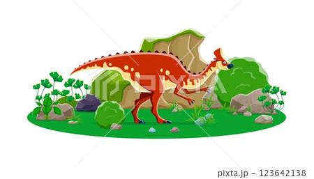 Amurosaururs prehistoric dinosaur cartoon character at tropical landscape with lush greenery, plants and rocky formations. Isolated vector herbivore dino reptile animal in its natural wildlife habitat 123642138