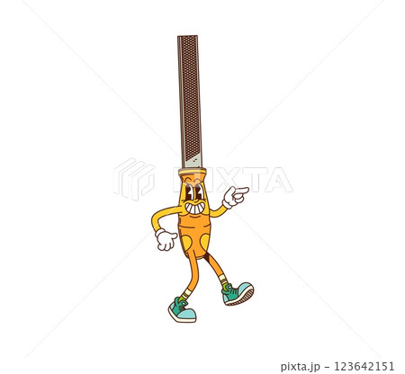 Groovy file rasp, building and DIY repair tool character with freaky face, cartoon vector. Groovy rasp file tool character with grumpy in hipster shoes for building or DIY repair tool in retro cartoon Groovy file rasp, building and DIY repair tool character with freaky face, cartoon vector. Groovy rasp file tool character with grumpy in hipster shoes for building or DIY repair tool in retro cartoon 123642151